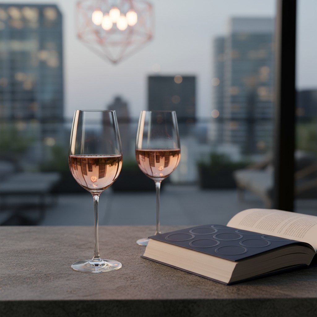 Two wine glasses on balcony next to book, with cityscape visible in the background.