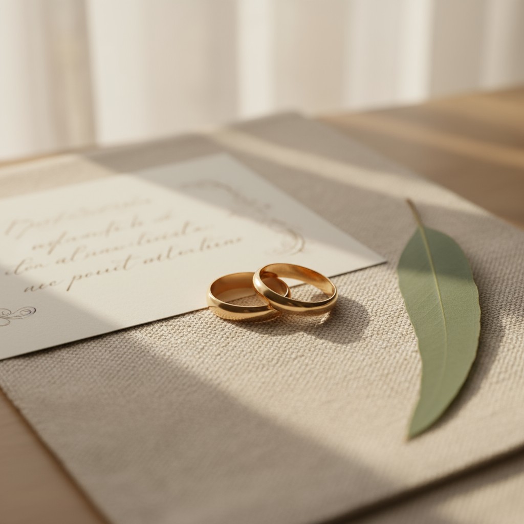 gold wedding bands, white congratulations card, green leaf